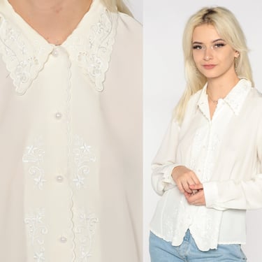 Off White Blouse 80s 90s Floral Embroidered Top Pearl Button Up Shirt Long Sleeve Collared Victorian Blouse Vintage Boho 1980s Medium M 10 