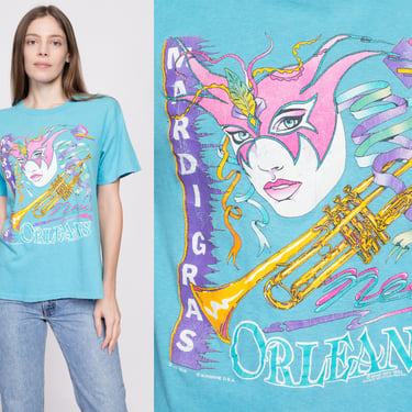 90s New Orleans Mardi Gras Mask T Shirt - Men's Medium, Women's Large | Vintage Masquerade Bugle Horn Blue Graphic Tourist Tee 