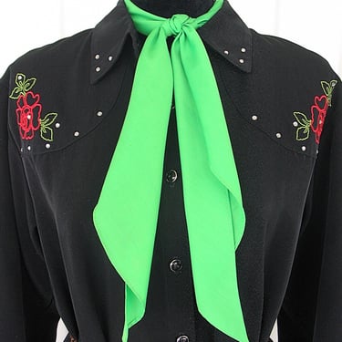 Lucille Vintage Retro Women's Cowgirl Western Shirt, Western Blouse, Black with Embroidered Red Flowers, Tag Size Large (see meas. photo) 