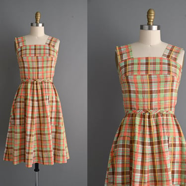vintage 1960s Orange & Plaid Cotton Dress - Size Small 