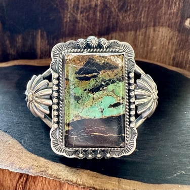 SQAURE FRAMED LANDSCAPE Green Turquoise & Sterling Silver Navajo Cuff | Navajo Bracelet | Native American Southwestern Jewelry | 56g 