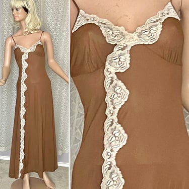 Vintage Slip Dress, Mocha Brown Nylon, Wide Lace Trim, Maxi Gown, Nightie, Vintage Lingerie Negligee 