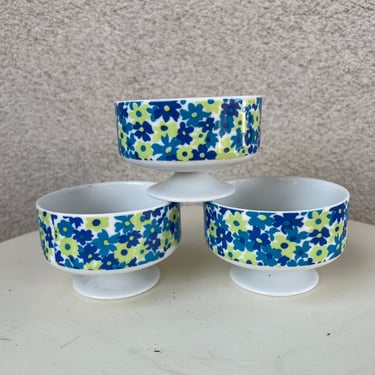 Vintage modern white ceramic small bowls pedestal green blue floral set of 3 