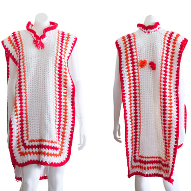 Vintage 1970s Knit Poncho with Pom Poms 