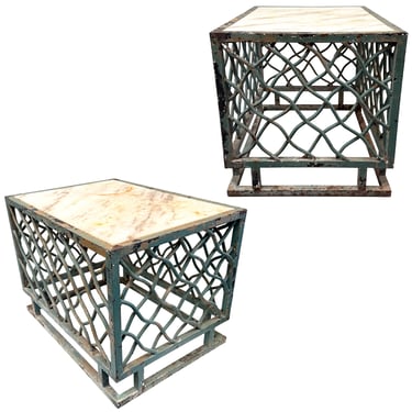 Pair of Marble &amp; Woven Wrought Iron Garden Tables