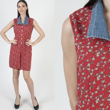 90s Floral Print Grunge Romper, Red Button Up Playsuit, Denim Roll Collar, Baggy Mini Shorts 