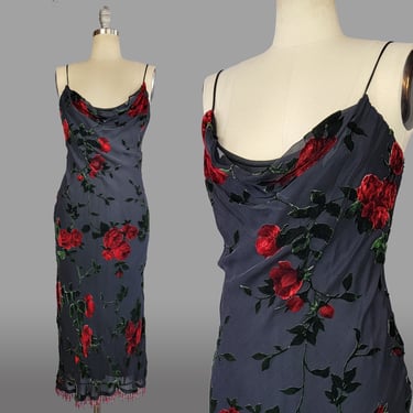 1990s Betsey Johnson Dress / Burnout Velvet Slip Dress / 1990s Betsey Johnson Slip Dress / Rose Print Dress / Red Roses Dress / Small Medium 