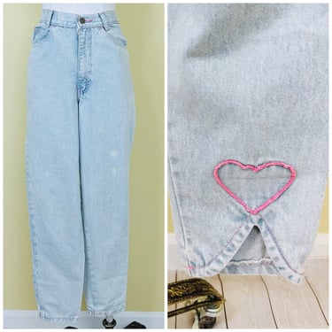 1990s Vintage Light Wash No Excuses Heart Jeans / 90s High Waisted Pink Embroidered Denim Pants / Size Small Waist: 26" 