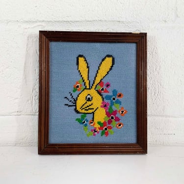 Vintage Framed Embroidered Rabbit Flowers Needlepoint Bunny Zodiac Nursery Kid's Room Floral Crewel Framed Handmade 1970s 