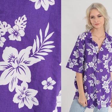 Purple Hawaiian Shirt 90s Tropical Floral Button Up Retro Summer Short Sleeve Flower Leaf Print Casual 1990s Vintage Mens Extra Large L XL 