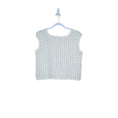 Vintage Handmade White Open Knit Crochet Shell Sleeveless Blouse square neck 