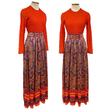 Vtg 1970s 70s Dayglow Era Hot Orange Fuchsia Psych Print Belted Host Maxi Dress 