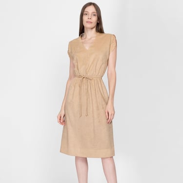 Small 70s Tan Ultrasuede Midi Dress | Vintage Cut Out Cap Sleeve Retro Knee Length Dress 