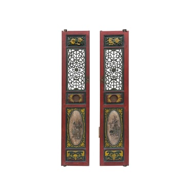 Pair Vintage Red Green Yellow Fujian Relief Carving Door Panels ws4270E 