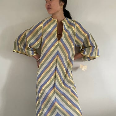 70s caftan dress / vintage olive gold chevron striped cotton kaftan maxi hostess lounge tent resort wear semi sheer dress NWT Deadstock | S 