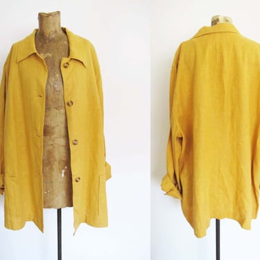 Vintage Yellow Linen Coat Jacket XL Oversized - 90s Slouchy Minimalist Herve Benard Button Up - Natural Fiber 