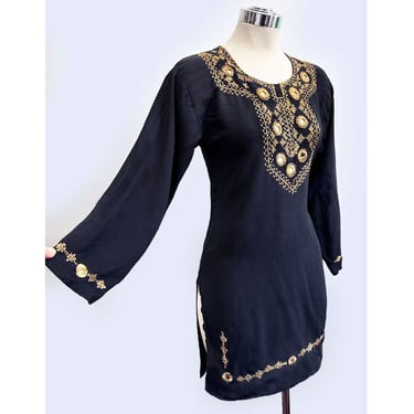 Vintage Black Embroidered MIRROR Tunic DRESS Kaftan Shift 1960's, 1970's Rayon Silk India Hippie Boho Tribal Pakistan Shirt Top Long Blouse 