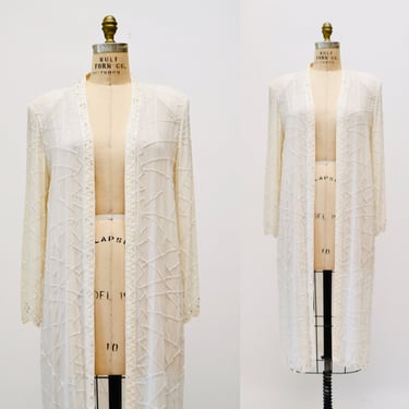 90s Vintage Off White Beaded Silk Chiffon Duster Jacket White Beaded Top Long Sleeves Beaded Wedding Beach Cover UP Fabrice Small Medium 