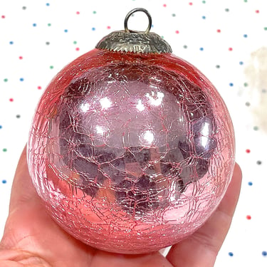 VINTAGE: 3" Heavy Thick Mercury Crackled Pink Glass Ornament - Kugel Style Christmas Ornaments - Christmas Holidays Xmas 