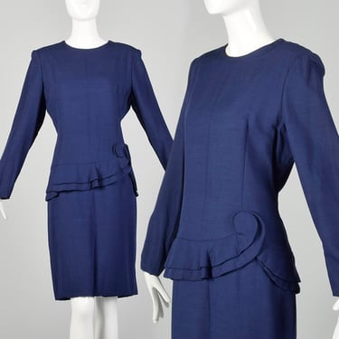 Large 1980s Carolina Herrera Dress Blue Peplum Long Sleeve Casual Drop Waist Modest Wear To Work 
