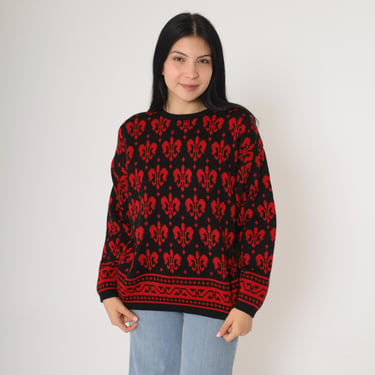 Vintage Fleur De Lise Sweater Red Black Geometric Knit Sweater 80s 90s Slouchy Acrylic Pullover Retro Knitwear 1980s 1990s Jumper Medium 