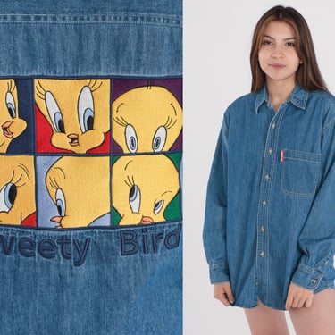 Looney Tunes Shirt 90s Tweety Bird Denim Button up Shirt Blue Jean Warner Bros Cartoon Graphic Top Cute Long Sleeve Vintage 1990s Mens Small 