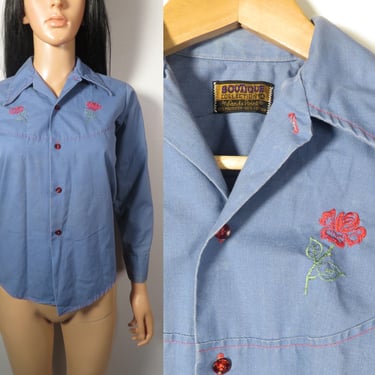 Vintage 70s Rose Embroidered Blouse Size Kids 14 Or Womens XXS 