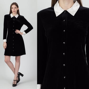 90s Gothic Wednesday Addams Black Velvet Dress - Small | Vintage Satin Contrast Trim Button Up Mini Dress 