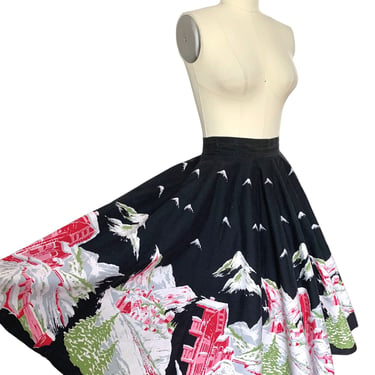 50s Alpine Mountain Print Panel Circle Skirt / 1950s Vintage Novelty Border Print Cotton Skirt / Medium / 28.5 inch waist 