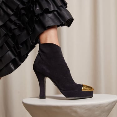 CHANEL 90s Black Suede Boots with Gold Cap Toe CC