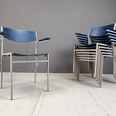 Minimalist Metal and Plywood Stackable Armchairs by Gijs Van Der Sluis, Set of 6 - vintage stacking chairs - school chairs 