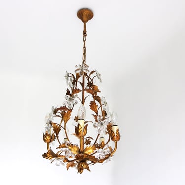 Stunning Mid-Century Italian Tole Chandelier Crystal Flower Hanging Lamp Romantic Hollywood Regency Pendant 1950s 