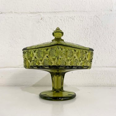 Vintage Glass Compote Stasher Green Square Covered Candy Dish Lidded Box Footed Trinket Holder Vanity Storage Pedestal 1960s 
