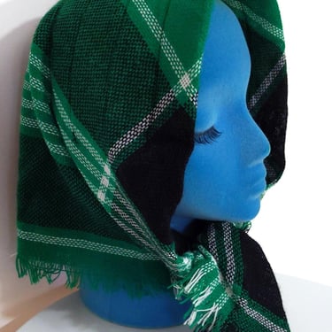 Deadstock Vintage 60s 70s Black Green White Plaid Woven Head Scarf 