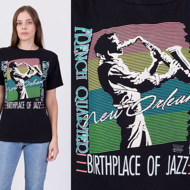 80s New Orleans Birthplace Of Jazz T Shirt - Men's Small, Women's Medium | Vintage French Quarter Black Graphic Tourist Tee 