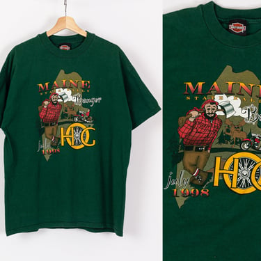 90s Harley Davidson HOG Maine State Rally T Shirt - Men's XL | Vintage Bangor Lumberjack Green Graphic Biker Tee 