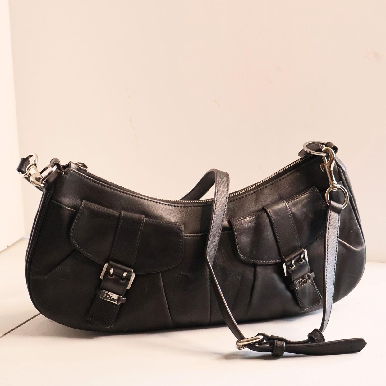 バッグ christianDior CHRISTIAN DIOR Caro Grained Leather Double Pouch Crossbody Bag