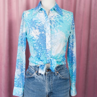 1970s Lady Manhattan Stretchy Sheer Blue Abstract Floral Button Down with Butterfly Collar 