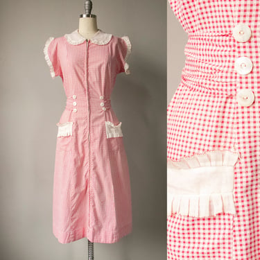 1930s Dress Cotton Gingham Red M 