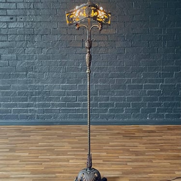 Early 20th Century Spanish Revival Floor Lamp w/ Amber Mica Panels & Cast Iron Details 