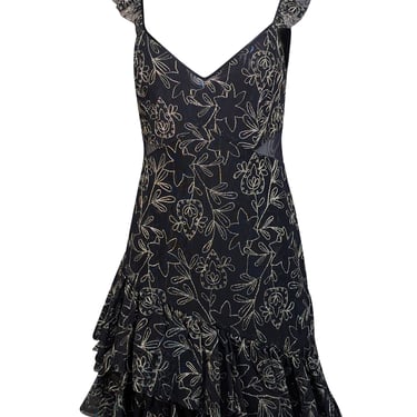 Cinq a Sept - Black Ruffled Tulle Mini Dress w/ Metallic Embroidery Sz 10