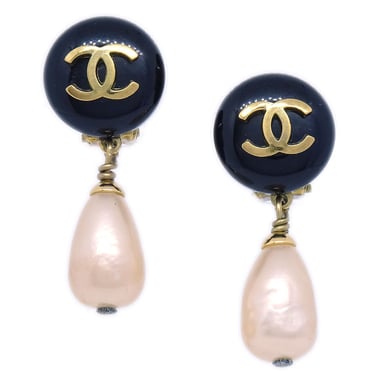 Chanel 1994 CC Black & Teardrop Faux Pearl Dangle Earrings