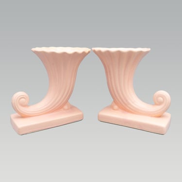 Pair of McCoy Pink Cornucopia Vases | Vintage Mid Century Pottery 
