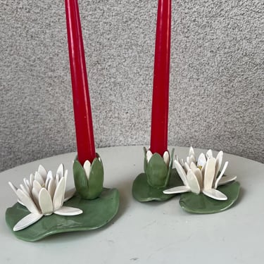 Vintage Set 2 Lilly flower pad  Candleholders 3D Ceramic Handmade Flowers white green. Size 5” x 