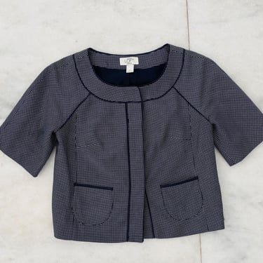 Vintage Ann Taylor LOFT Jacket Blue White Print Cotton Collarless Half Sleeve 2P Office Casual 