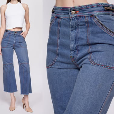 70s Zipper Accent High Waisted Jeans - Small, 27" | Vintage Denim Contrast Stitch Boho Cut Off Flared Jeans 