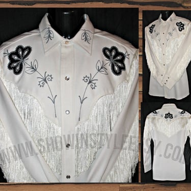 H Bar C, California Ranchwear, Vintage Western Taos Men's Cowboy Shirt, Fringe & Rhinestones, Size 17.5, Approx. XXLarge (see meas. photo) 