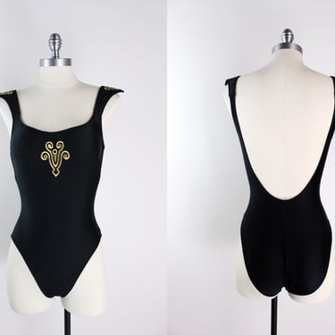 80s Black and Gold One Piece Swimsuit / Vintage Gold Embroidery Black Swimsuit /Bombshell Swimsuit/ Geometric Shoulders / Size XS/S/M 