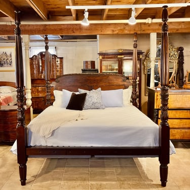 Custom New York Federal Tall Post Bed in Spanish Cedar, King Size, 2 Panel Headboard with Acanthus Carved Crown</p#x3E; SKU: TR111924A<p#x3E; </p#x3E;<p#x3E;