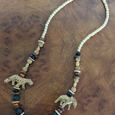 Hand Made Wood Carved African Tribal Necklace with Elephant and Cheetah 